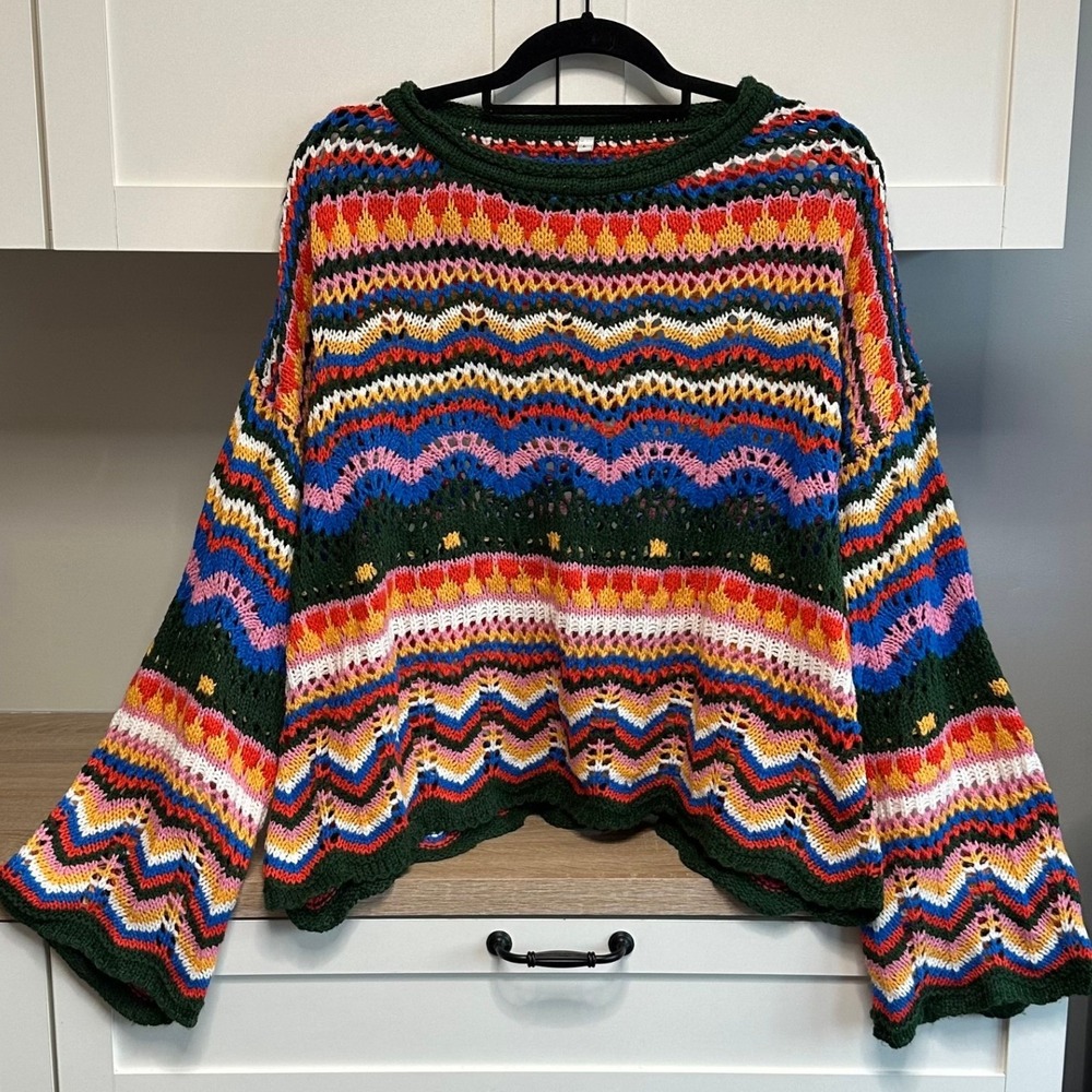 Crochet Chevron Colorblock Sweater Open Knit Festival Rainbow Rave Bell Sleeve L